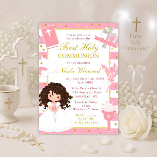 Invitación Niña de Pelo Castaño con Rayas Rosadas Primera Com