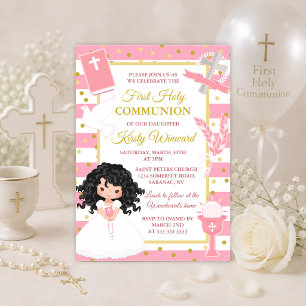 Invitación Niña de pelo negro con raya rosa Primera Comunión