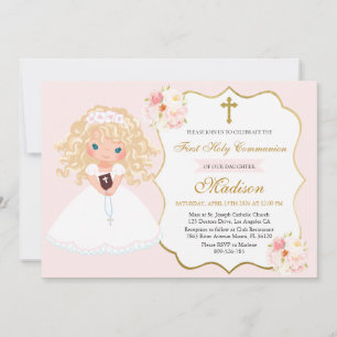 Invitación Niña de pelo rizado Primera Comunión Floral Rosa S
