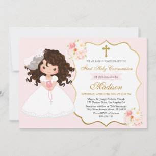 Invitación Niña de pelo rizado Primera Comunión Rosa Suave