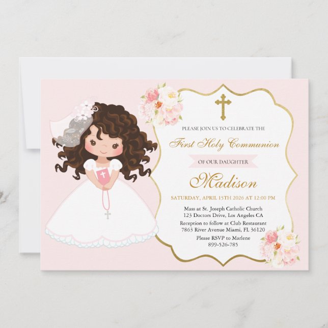Invitación Niña de pelo rizado Primera Comunión Rosa Suave (Anverso)