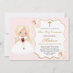 Invitación Niña de pelo rubio Primera Comunión Rosa Suave