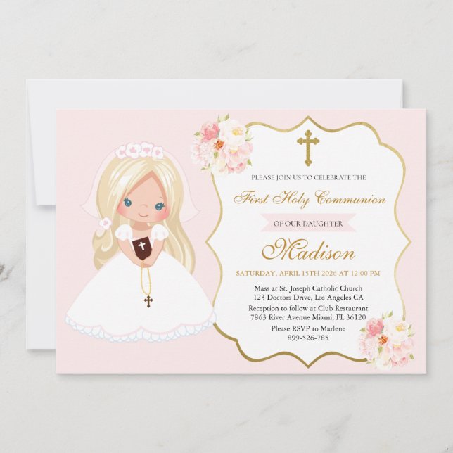 Invitación Niña de pelo rubio Primera Comunión Rosa Suave (Anverso)