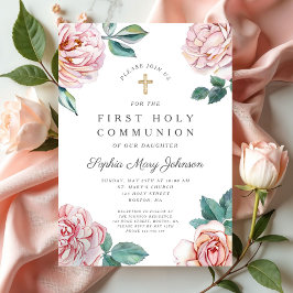 Invitación Niña de Peonías Rosadas Florales Primera Comunión 