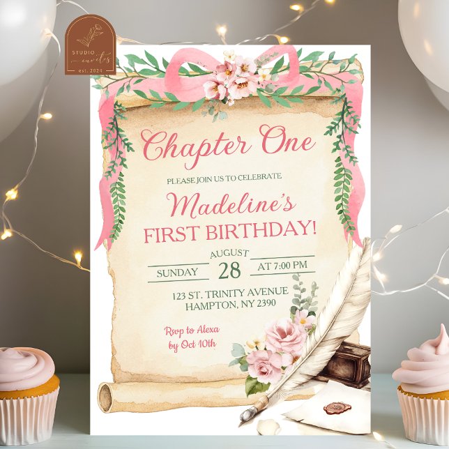 Invitación Niña de primer cumpleaños con lazo rosa floral cap (Subido por el creador)