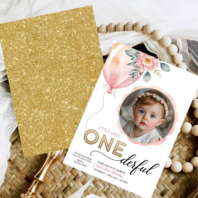 Invitación Niña de primer cumpleaños Miss Onederful con globo (Subido por el creador)