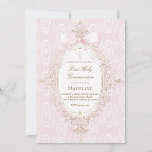 Invitación niña de Primera Comunión con lazo rosa