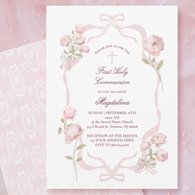Invitación niña de Primera Comunión con peonías rosas (Subido por el creador)