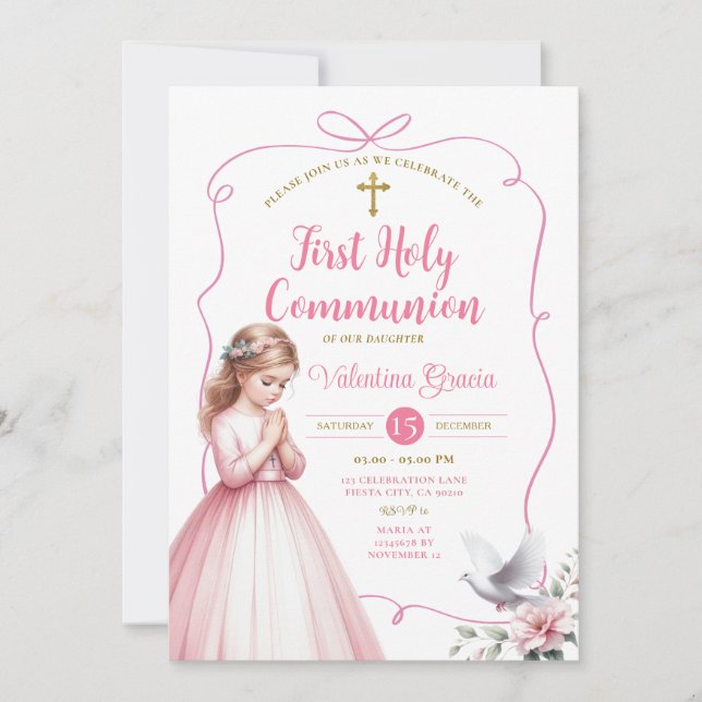 Invitación Niña de Primera Comunión rezando Cruz Floral Rosa (Anverso)