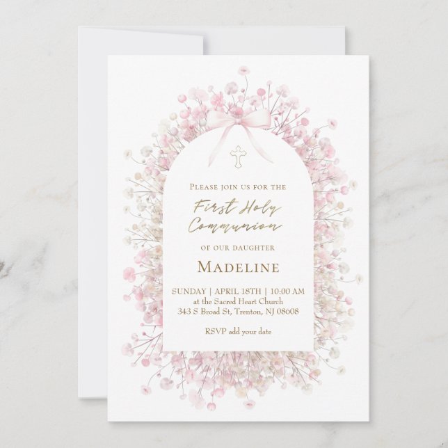 Invitación niña de primera comunión rosa blanca (Anverso)