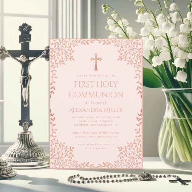 Invitación Niña de Primera Comunión Rosa Hojas de Oro Rosa Vi (Subido por el creador)