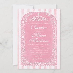 Invitación Niña de Rayas Rosadas Spanish Bautizo Papel Picado