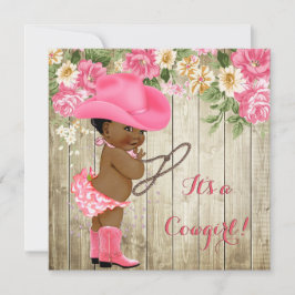 Invitación Niña de raza negra Baby Shower Rosa Boots Floral