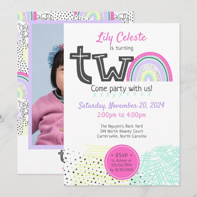 Invitación Niña del Arcoíris 2do Cumpleaños Kawaii Doodle Fot (Anverso / Reverso)