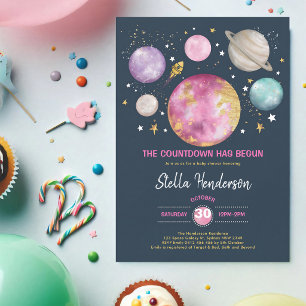 Invitación Niña del Espacio Exterior Baby Shower Rosa Galaxia