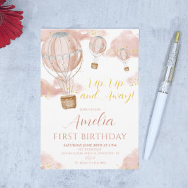 Invitación Niña del Globo Aerostático Rosa Primer Cumpleaños