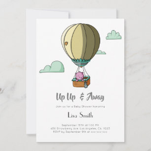 Invitación Niña del Oso en Globo Aerostático Rosa Baby Shower