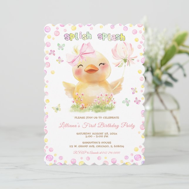 Invitación NIÑA DEL PATITO DE GOMA ROSA Primer Cumpleaños (Anverso de pie)