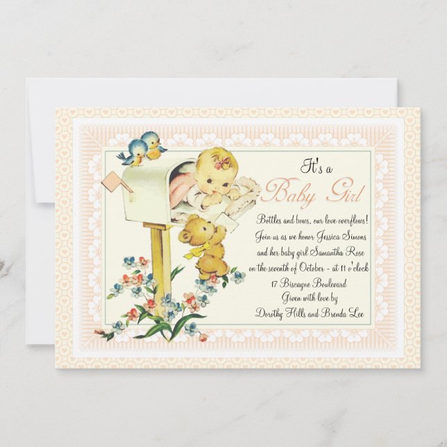 Invitación Niña del vintage dentro del buzón Baby Shower (Anverso)