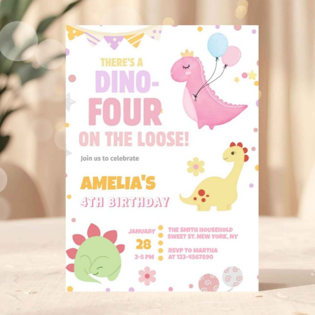 Invitación Niña Dinosaurio Rosa Pastel Cumpleaños 4 (dinosaur birthday invitation, dino four invite, 4th birthday girl invitation, pink dinosaur party, p)