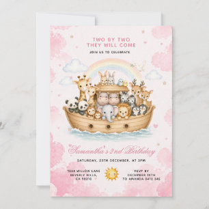 Invitación Niña Dos Por Dos Acuarela Rosa Arca de Noé