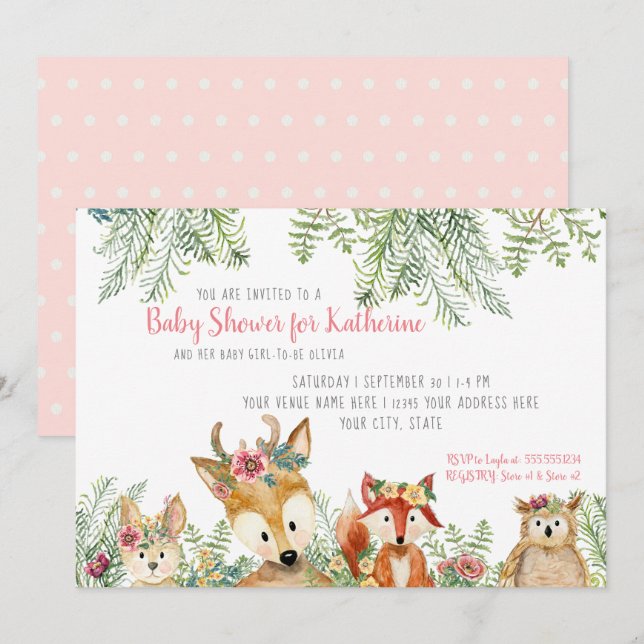 Invitación Niña ducha Woodland Animales Boho Deer n Fox (Anverso / Reverso)