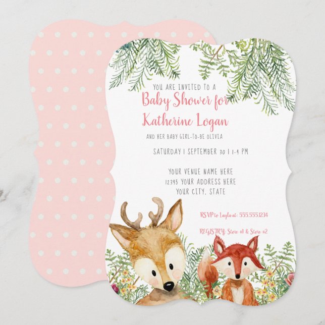 Invitación Niña ducha Woodland Animales Boho Deer n Fox (Anverso / Reverso)
