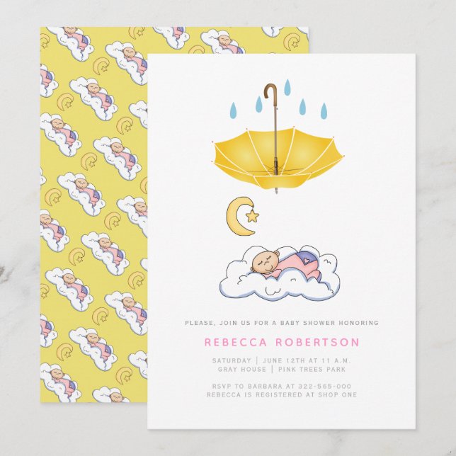 Invitación Niña duchada con paraguas amarillos (Anverso / Reverso)