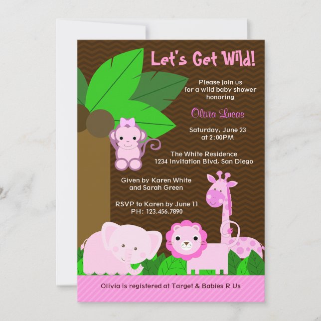 Invitación Niña dulce linda Baby Shower de los animales de la (Anverso)