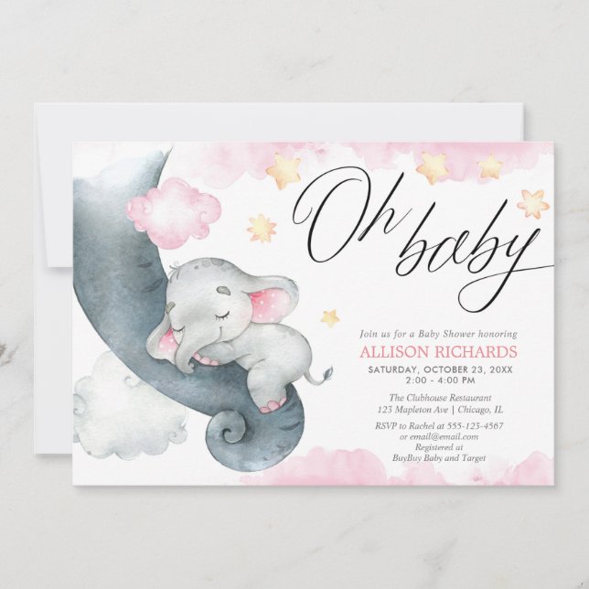 Invitación Niña elefante de bebé amarillo rosa ducha (Anverso)