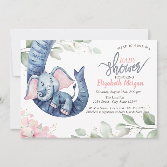 Invitación Niña Elefante deja Baby Shower floral (Anverso)