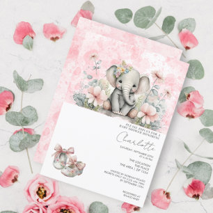 Invitación Niña elefante linda con flores Baby Shower