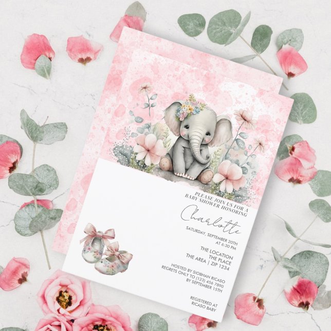 Invitación Niña elefante linda con flores Baby Shower (Subido por el creador)