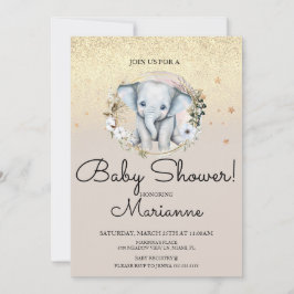 Invitación Niña Elefante Niño Cumpleaños Faux Dorado Brillant
