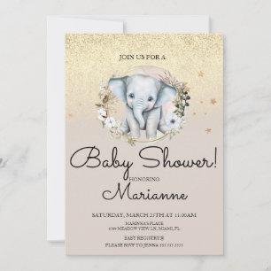 Invitación Niña Elefante Niño Cumpleaños Faux Dorado Brillant