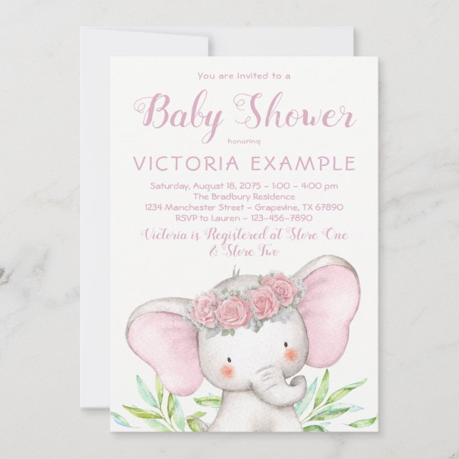 Invitación Niña Elefante Rosa Aquarela Baby Shower (Anverso)
