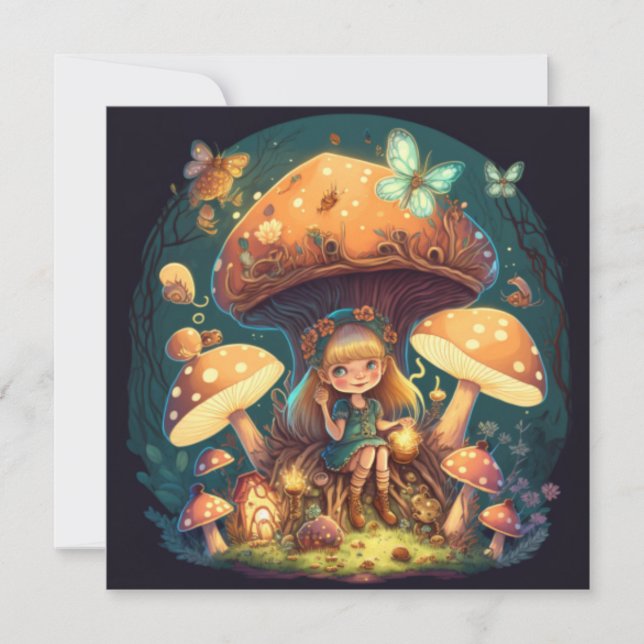 Invitación Niña eleva entre hongos (Anverso)