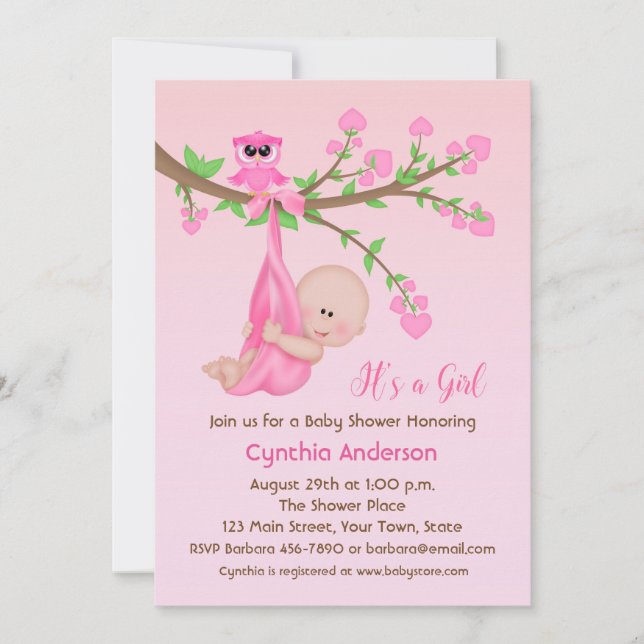 Invitación Niña en el árbol, rosa, Baby Shower (Anverso)