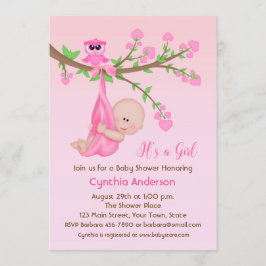 Invitación Niña en el árbol, rosa, Baby Shower