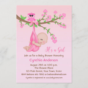 Invitación Niña en el árbol, rosa, Baby Shower