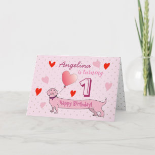 Invitación Niña en su 1er Cumpleaños Perrito Rosa Lindo