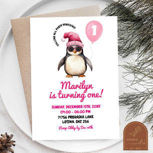 Invitación Niña en su primer cumpleaños del pingüino rosa de