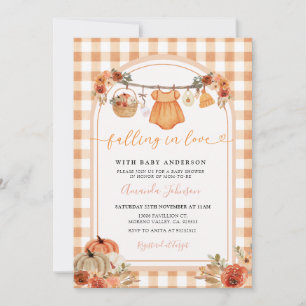 Invitación Niña enamorada de cuadros naranjas baby shower