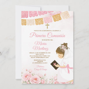 Invitación Niña Española con Lazo Rezando Primera Comunión Ro