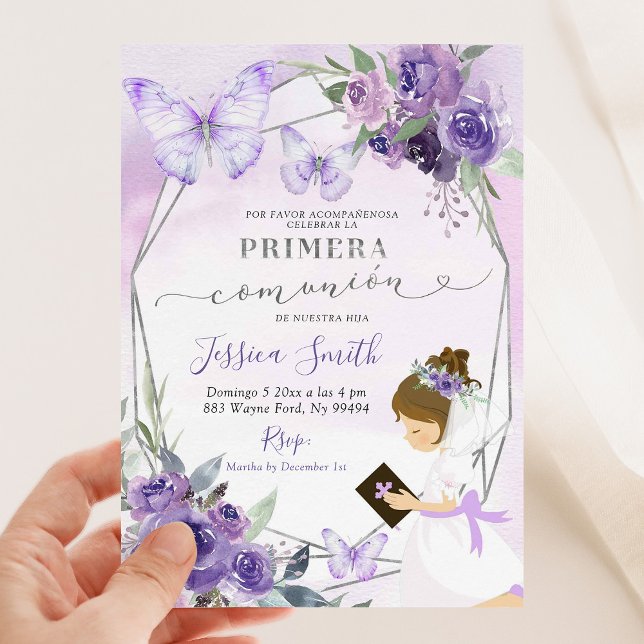 Invitación Niña española de rosa púrpura arrodillada Primera  (Subido por el creador)