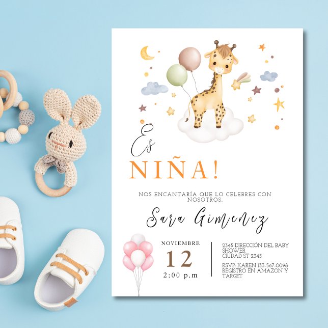 Invitación Niña Española Ducha Girafa Con Globos (Spanish Baby Girl Shower Giraffe With Balloons Invitation)