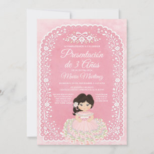 Invitación Niña Española Rosa Presentación de 3 Años Talavera