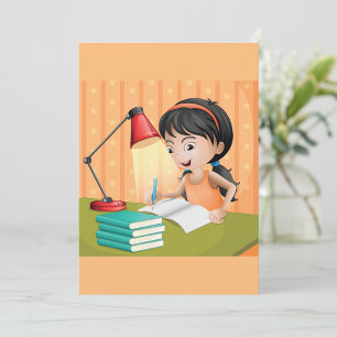 Invitación Niña estudiando en escritorio haciendo tareas