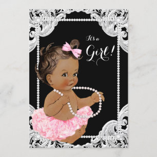 Invitación Niña Étnica Perla Negra Rosa Baby Shower