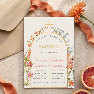 Invitación Niña Floral Bautizo Arco de Cruz Dorada y Flores S